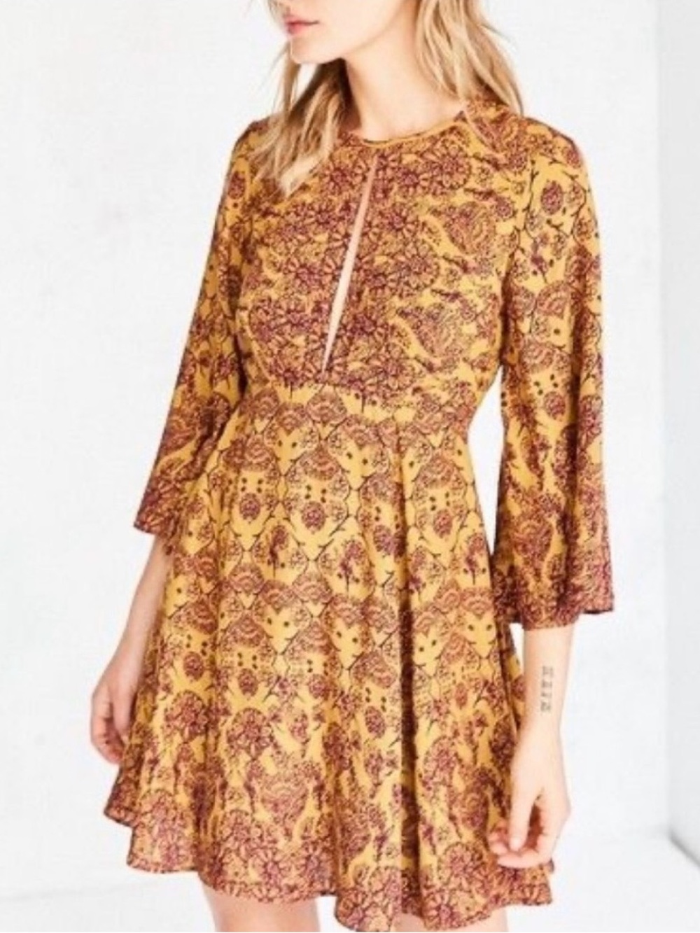 Urban Outfitters - Ecote Mustard Yellow Floral Boho Mini Dress